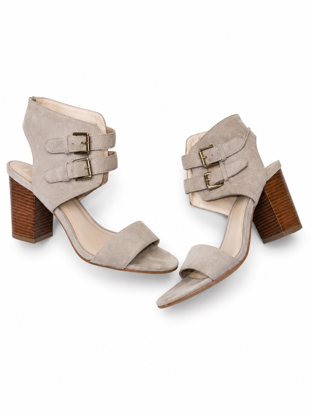 Nine West Beige Leather Heeled Sandals | Double Buckle Ankle Strap | 9.5